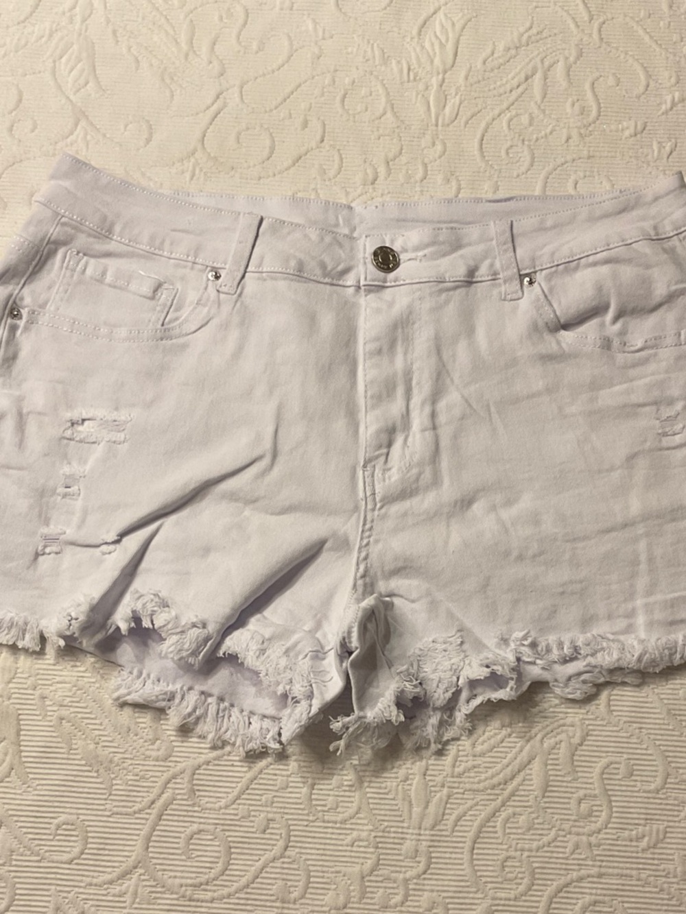 White Denim Shorts with Raw Hem Distressed Stretch